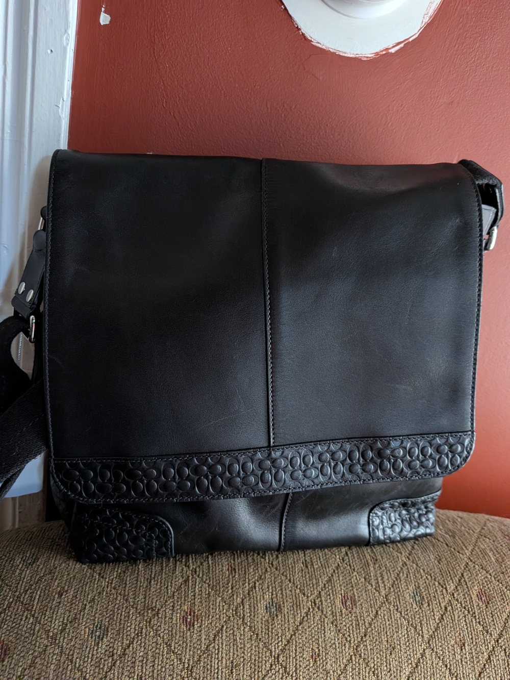 Coach Black Leather Flap Messenger Laptop Bag